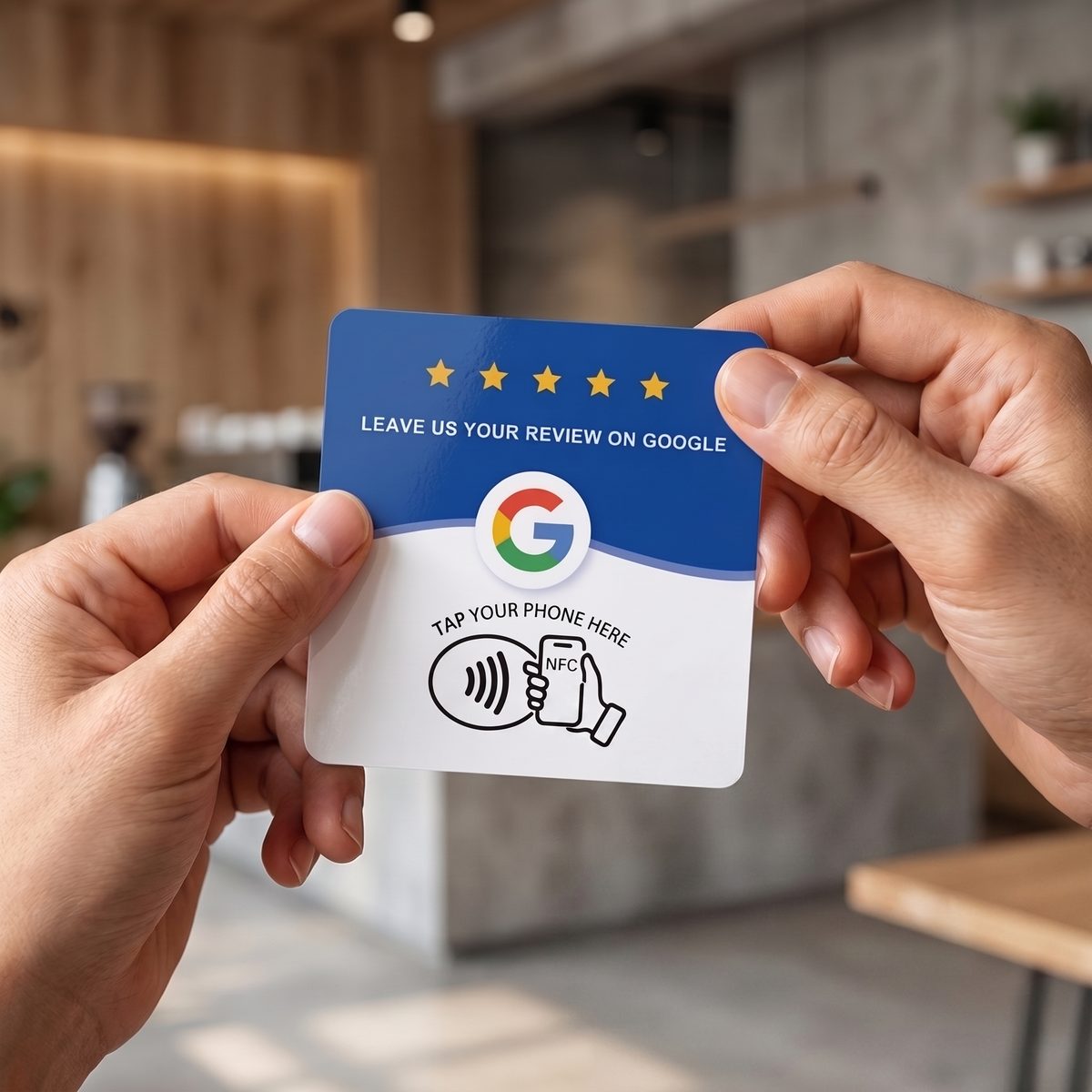 Taptic tap-to-review NFC card in blue and white, held in hand at a coffee shop counter