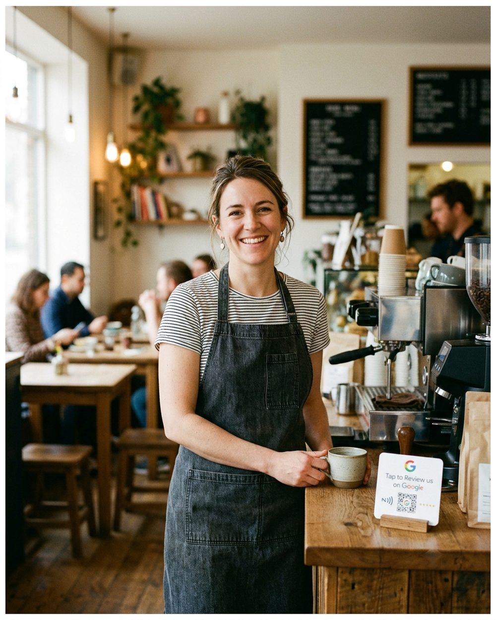 Taptic review card in use at a coffee shop counter